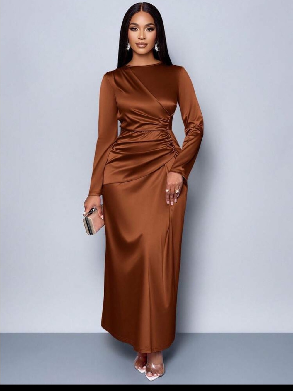 Satin Long-Sleeve Ruched Maxi Dress - Brown 1XL BNWOT